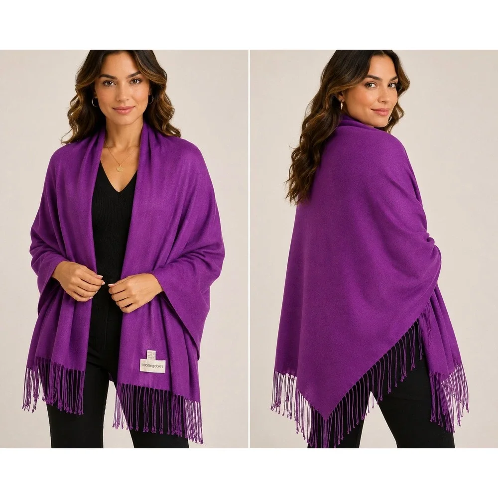 Bloomingdales Purple Silk Cashmere Blend Fringe Wrap Shawl Scarf